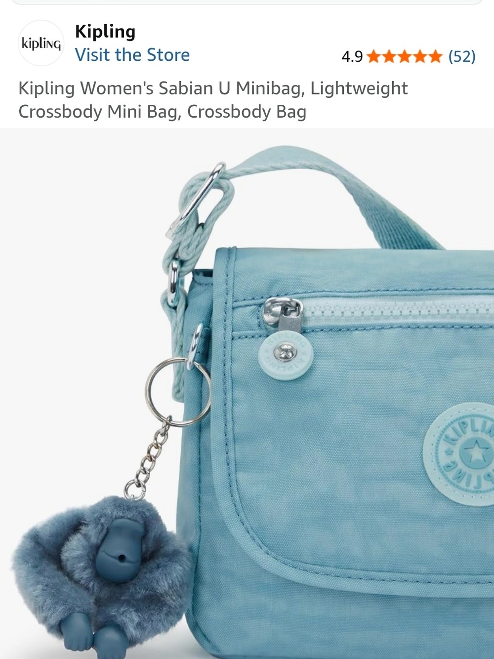 Kipling Sky Blue Crossbody Bag with Pom-Pom Keychain - Picture 5 of 6